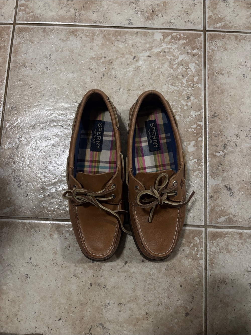 Sperry Tan Leather Boat Shoes with Plaid Lining